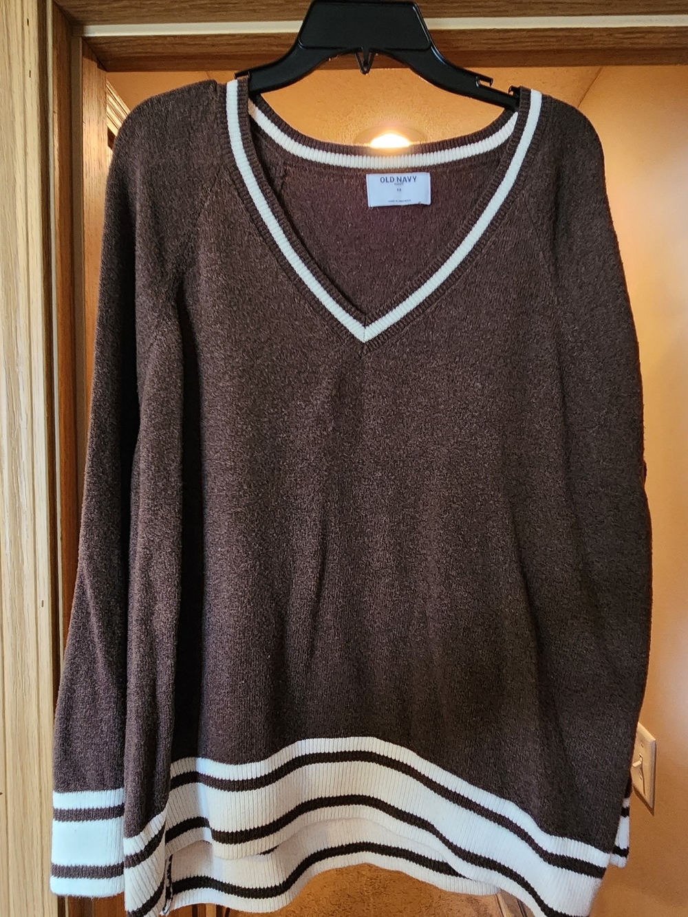 Old Navy Brown V-Neck Sweater with Cream Striped Trim